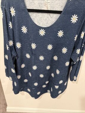 Navy Blue Daisy Print Scoop Neck Top